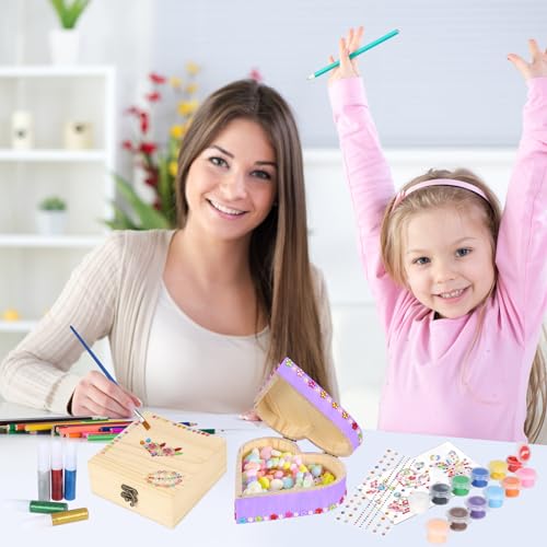 Fennoral 2 Pack Wooden Box Craft Kit for Kids Paint You Own Wooden Jewelry Box DIY Coloring Wooden Treasure Box Arts and Crafts Kit for Girls Art Fennoral
