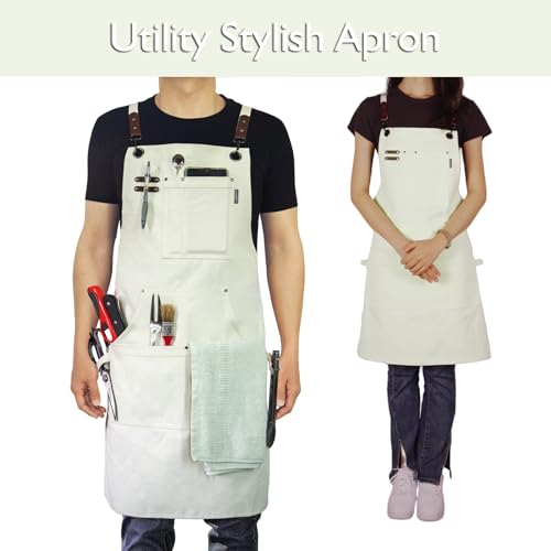 Stenffy Handmade Work Apron, Cotton Canvas, Multiple Pockets, Adjustable Cross Back Weight Apron, BBQ Cafe Kitchen Painting Carpenter Artist Apron, - WoodArtSupply