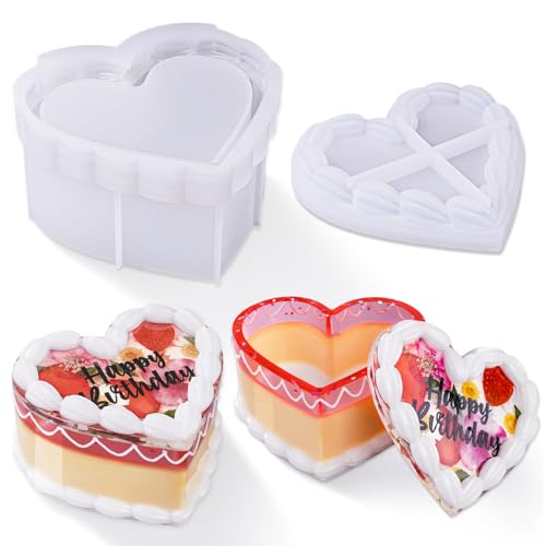 LET'S RESIN Cake Shaped Box Resin Molds, Vintage Heart Resin Jar Mold with Lid, Fake Cake Epoxy Resin Molds for DIY Jewelry Box, Decor Prop,Candy Jar