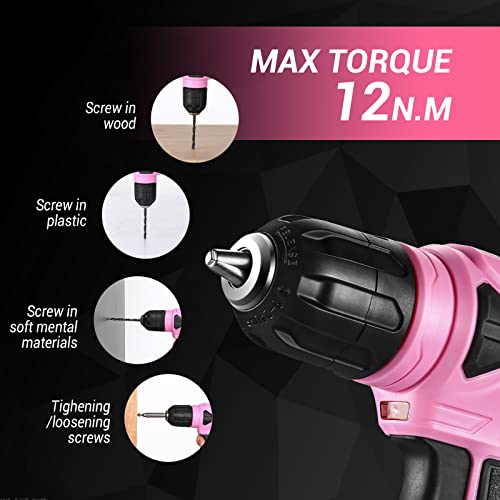 DEKO 8V Cordless Drill, Drill Set with 3/8"Keyless Chuck, 42pcs Acessories, Built-in LED, Type-C Charge Cable, Pink Power Drill for Drilling and DEKOPRO