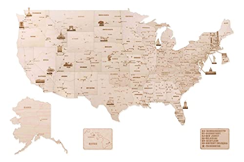 Wood Trick Wooden United States Map Kit for Wall - w/Landmarks Cities & Routes - Big - 52x32″ - Perfect Wood Gift for Travel Wedding & Decor - Very Wood Trick