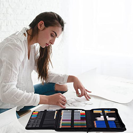 CwhaleCblu 77 Pack Drawing Set Art Supplies,Drawing Supplies with 3-Color Sketch Book, Colored, Graphite, Charcoal, Watercolor&Metallic Pencil, Art CwhaleCblu