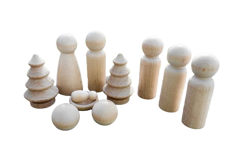 Nativity Wood Dolls, Baby Jesus and Manger, Mary, Joseph, 2 Blank Sheep, 3 Wisemen, 2 Miniature Trees, DIY Peg Dolls, Unfinished Pegs Generic