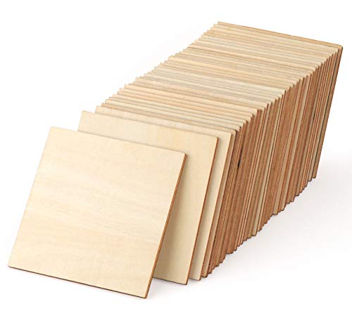 ilauke Unfinished Wood Pieces 50 Pcs 4 Inch Wood Square Blank Natural Wood Slices Wooden Squares Cutouts for Crafts Wood Burning Painting Staining Wood Engraving