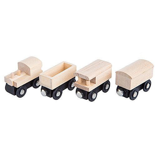 Orbrium 4 Assorted Unpainted Train Cars for Wooden Railway Compatible with Thomas, Chuggington, Brio, Great for Birthday Party Train Theme Orbrium