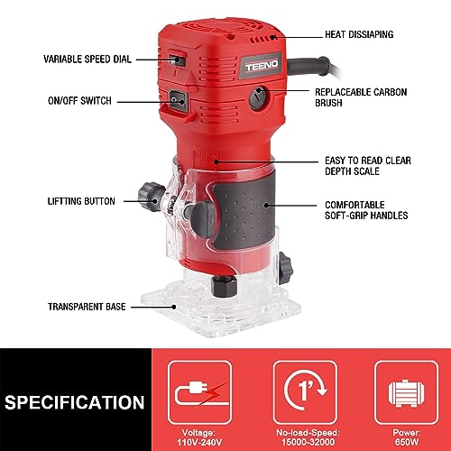 TEENO Wood Router, 650W 110V Compact Router Tools for Woodworking, 32000 RPM Hand Trim Router with 12 Pcs 1/4" Router Bits Set, 6 Variable Speeds, TEENO