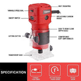 TEENO Wood Router, 650W 110V Compact Router Tools for Woodworking, 32000 RPM Hand Trim Router with 12 Pcs 1/4" Router Bits Set, 6 Variable Speeds, TEENO