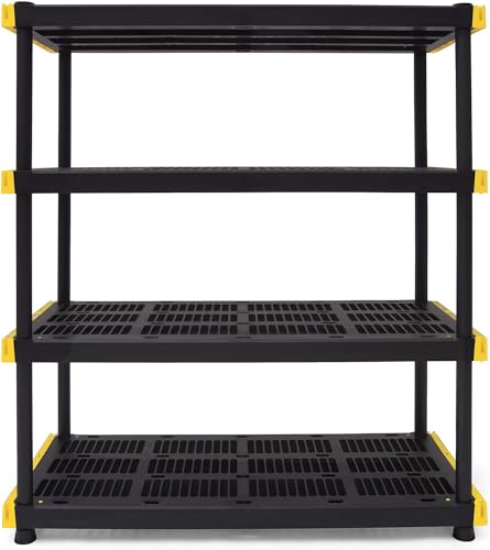 CX Black & Yellow®, 4-Tier Heavy Duty Plastic Storage Shelving Unit, 200lbs/shelf (55”H x 48”W x 20”D), for Indoor/Outdoor Organization, Modular Rack CX