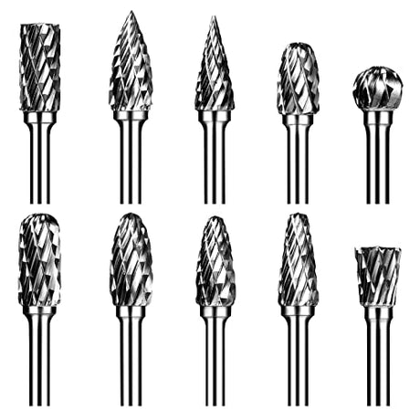 Carbide Burr Set, Die Grinder Bits, 10 PCS 1/8" Shank Double Cut Tungsten Carbide Rotary Burrs Set Compatible with Dremel Bits for Metal Wood Carving Semderm