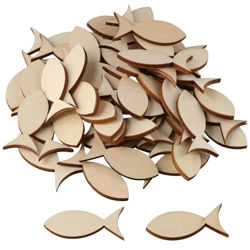 Uniquer 100 PCS Unfinished Wooden Fish Cutout Slices,Blank Wooden Solid Fish Slices for DIY Painting Crafts,Ocean Theme Party Uniquer