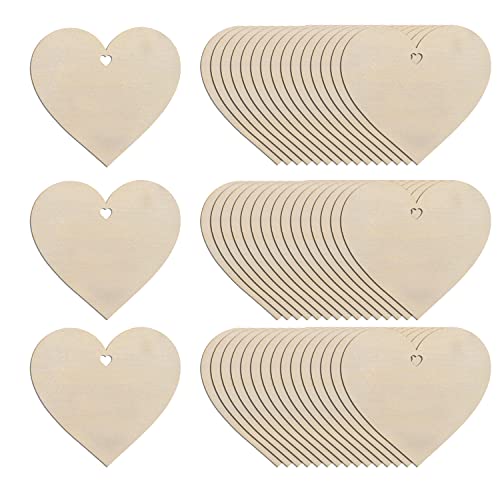 80Pcs 3" Wooden Hearts for Crafts, Wood Predrilled Hearts Cutout Slices, DIY Unfinished Wooden Ornaments Embellishments, Heart Sign Tag for