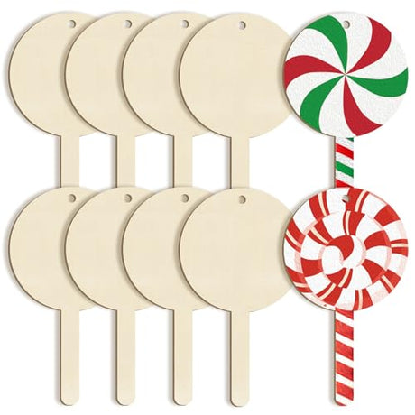 Large Wooden Ornaments to Paint 10Pcs, DIY Blank Lollipops Shape Unfinished Wood Ornament for Crafts Hanging Decorations, Halloween Christmas Sophena