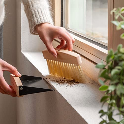 OAKART Mini Metal Dustpan and Brush Set for Sweeping Crumbs Fireplace, Natural Table Sweeper Combo Black Horsehair OAKART