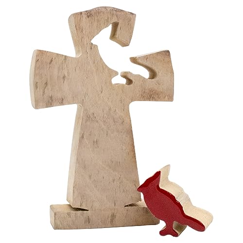 Table Top Wooden Cross with Cardinal Puzzle Cut out | 6.25" Tall | Christian Home Decoration | Great Religious Gift for Memorials House Warming, and VILLAGE GIFT IMPORTERS
