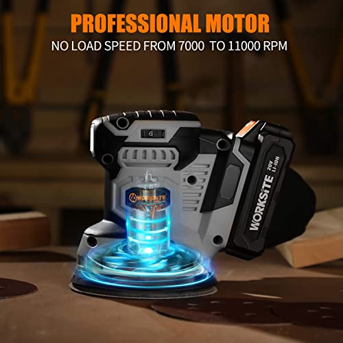 WORKSITE 20V MAX Cordless Random Orbital Sander, 5-Inch Variable Speed Orbital Hand Sander w/2.0A Battery, Charger,Dust Collector and 30pcs Sanding