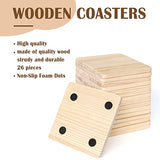 26 Pack Unfinished Wood Coasters, 4 Inch Square Blank Wooden Coasters Crafts Coasters with Non-Slip Silicon Dots for DIY Architectural Models Drawing Aweyka