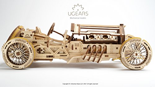 Ugears U-9 Grand Prix Car Wooden Model (DIY Building Kit) Hand-Crank Powered Vehicle w/Working Pistons, Wheels, Shocks | Functional, Authentic Racing UGEARS