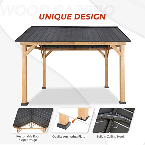 EAGLE PEAK 11x13 Hardtop Wood Gazebo,Outdoor Cedar Wood Frame Pavilion, Galvanized Steel Gable Roof, for Patio, Deck, Backyards, Garden, Natural EAGLE PEAK