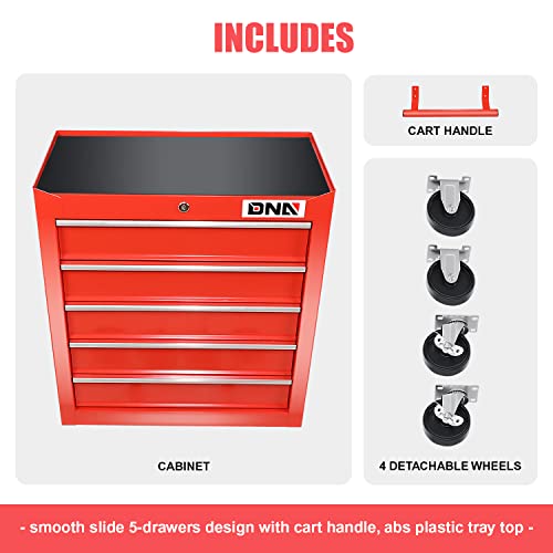 DNA MOTORING TOOLS-00263 5-Drawer Plastic Top Rolling Tool Cabinet with Keyed Locking System,13" D x 24.5" W x 30.5" H,Red - WoodArtSupply