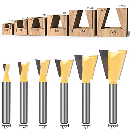KOWOOD Dovetail Router Bit Set 6 Sizes with 1/4 Inch Shank ,Cutting Dia in 1/4" 3/8" 1/2" 5/8" 3/4" 7/8" Wood Milling Cutter Tool for Making Boxes KOWOOD