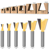 KOWOOD Dovetail Router Bit Set 6 Sizes with 1/4 Inch Shank ,Cutting Dia in 1/4" 3/8" 1/2" 5/8" 3/4" 7/8" Wood Milling Cutter Tool for Making Boxes KOWOOD