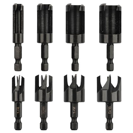 Rocaris 8 Pack Wood Plug Cutter Drill Bit Set, Straight and Tapered Taper Cutting Tool 1/4", 5/16", 3/8", 1/2", 1/4 Inch Hex Shank, Black Rocaris
