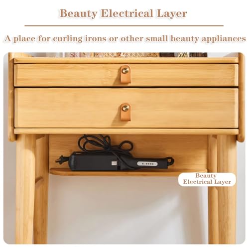 Dressing Table with Mirror and Drawers Bamboo Vanity with Stool Makeup Vanity Table Genuine Leather Handles Comfortable to Touch Silent Slide No QQB