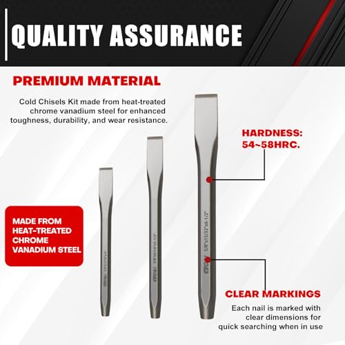 C&T 3-Piece Heavy Duty All Purpose Cold Chisels Kit, 3/8, 1/2, 5/8 in, for Carpentry, Metalwork, Woodwork & Masonry work C&T
