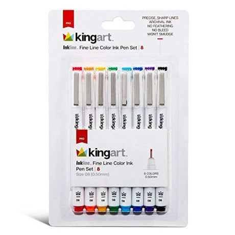 KINGART 432-8 PRO Inkline Color Micro Line & Precision Graphic Pen, 8 Colors, Size 08 (.50mm) Nibs, Archival Waterproof Japanese Ink for Art, KINGART