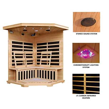 Blue Wave 3-Person Hemlock Corner Infrared Sauna w/ 7 Carbon Heaters,Brown Blue Wave