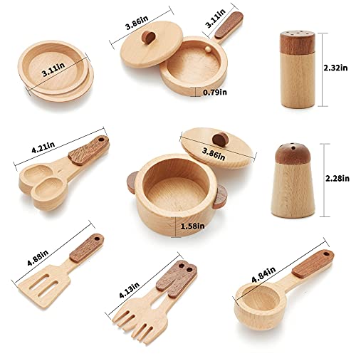 WHOHOLL Wooden Toys Play Kitchen Accessories, Montessori Toys for 1 2 3 4 5 + Years Old Toddlers, Toy Kitchen Play Dishes & Play Food Playset, WHOHOLL