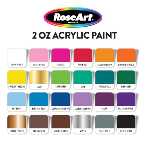 RoseArt Acrylic Paint Set with Brushes, 24 Color Acrylic Paint 2-Ounce Bottles each with 6pc Brush Set RoseArt