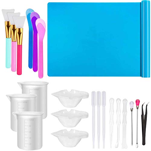 Resin Tools Set 22pcs, A3 Silicone Sheet, 100 ml Measuring Cups, Silicone Mixing Cups, Silicone Brushes Stir Sticks Spoons, Pipette for Epoxy Resin
