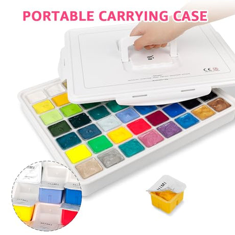 HIMI Gouache Paint Set, 56 Colors x 30ml/1oz, Contains Metallic and Fluorescent Colors, Jelly Cup Design, Non-Toxic, Guache Paint for Canvas and ABEIER