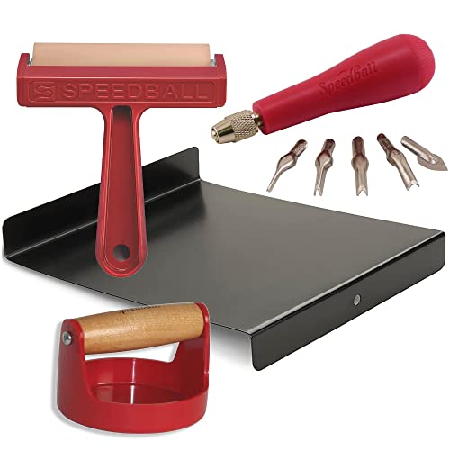 Speedball Block Printing Tool Kit, Includes Bench Hook Inking Plate, Brayer, Lino Cutters Carving Tools, and Baren Speedball