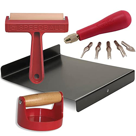 Speedball Block Printing Tool Kit, Includes Bench Hook Inking Plate, Brayer, Lino Cutters Carving Tools, and Baren Speedball