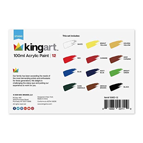 KINGART 5060-12 100ml Jars, Set of 12 Vivid Colors Acrylic Paint, Assorted 12 Piece KINGART