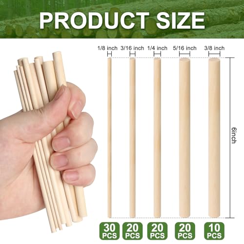HAPY SHOP 100 Pieces Wooden Dowel Rods Assorted Sizes Wooden Dowels 1/8, 3/16, 1/4, 5/16, 3/8 x 6 Inch Wood Craft Dowel Rods for Crafts and DIY HAPY SHOP