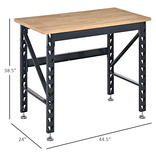 HOMCOM 45" Work Bench with Adjustable Footpads and Large Solid Wood Tabletop Tool Table for Garage, Weight Capacity 1100 lbs HOMCOM