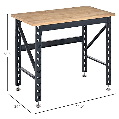 HOMCOM 45" Work Bench with Adjustable Footpads and Large Solid Wood Tabletop Tool Table for Garage, Weight Capacity 1100 lbs - WoodArtSupply