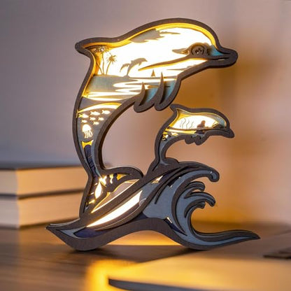 3D Wooden Animals LED Night Light, Art Wall Home Hanging Decor Carving, Wood Carved Lamp Modern Festival Decoration Desktop Desk Table Living Room - WoodArtSupply