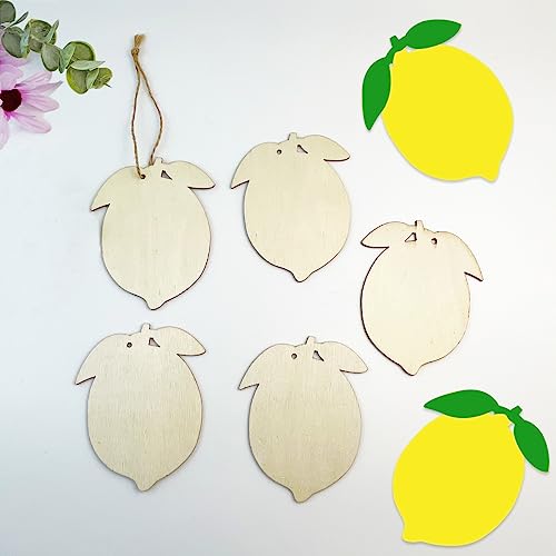 30PCS Unfinished Lemon Wood Cutouts Lemon Wood DIY Crafts Cutouts Blank Wooden Lemon Shaped Hanging Ornaments with Hole Hemp Ropes Gift Tags