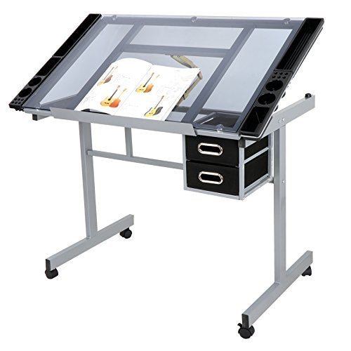 JupiterForce Adjustable Drafting Table Art Desk Drawing Table Versatile Art Craft Work Station Glass Tabletop w/2 Slide Drawers and Wheels for - WoodArtSupply