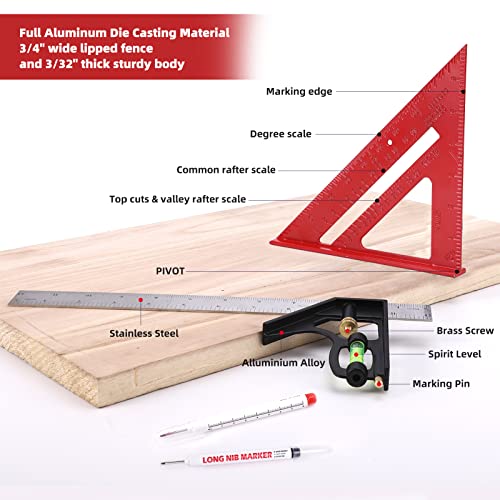 Rafter Square and 12 inch Combo Square Set, Carpentry Squares, Combination Square with Bubble Vial, Woodworking Square, Aluminum Rafter Square, LARMEIL