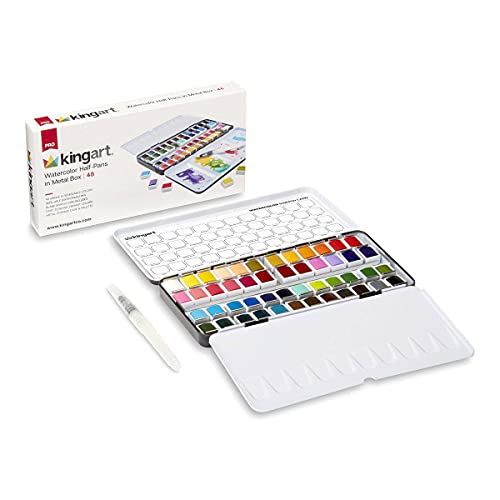 KINGART PRO Artist, Tin Box with Water Brush Watercolor Half-Pans, 48 Vibrant Colors Piece,518-48 KINGART