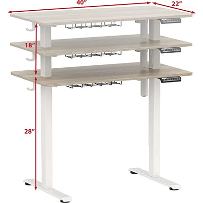 SHW Small Electric Height Adjustable Sit Stand Desk with Hanging Hooks and Cable Management, 40 x 22 Inches, White Frame and Maple Top - WoodArtSupply