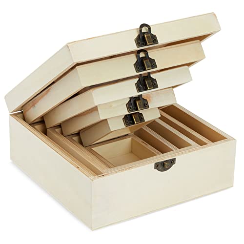 Juvale 5 Pack Unfinished Wooden Boxes for Crafts, Wood Nesting Boxes with Hinged Lids (Natural, 5 Assorted Sizes)
