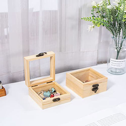 Useekoo 2Pcs Small Wooden Box with Hinged Lid, 3.5'' x 3.5'' x 1.8'' Unfinished Wood Gift Box with Glass Lid, Small Wooden Jewelry Box for DIY and - WoodArtSupply