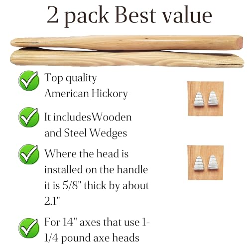 2 Pack American Hickory Axe Handle Replacement for 14" Axes That use 1-1/4 Pound Heads Complete Set with Wooden and Steel Wedges - Hatchet Handle Cuitáxi