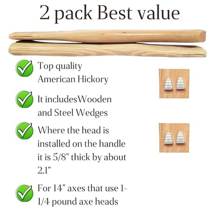 2 Pack American Hickory Axe Handle Replacement for 14" Axes That use 1-1/4 Pound Heads Complete Set with Wooden and Steel Wedges - Hatchet Handle - WoodArtSupply